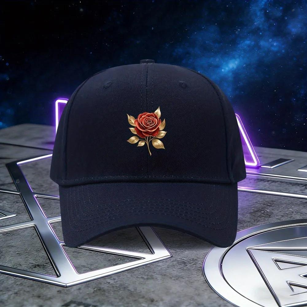 Gold Rose Print Baseball Cap Unisex Polyester Casual Adjustable Sun Hat