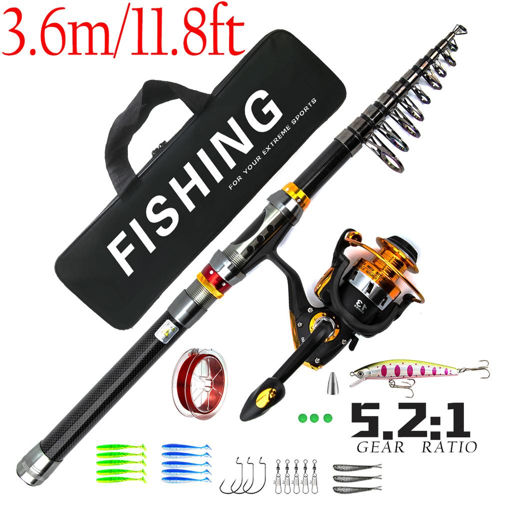 Набор портативных рыболовных снастей из углеродного волокна 5.5:Спиннинговая катушка с 1 передаточным числом, 1,8-3,6 м, удочка с прямой ручкой, крючок для наживки, комплект аксессуаров