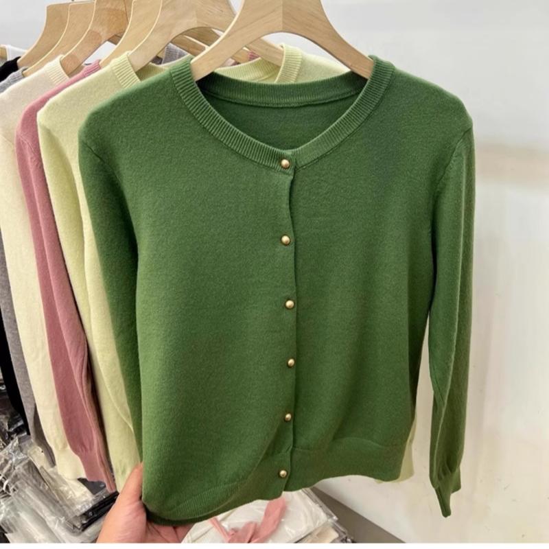 Винтажный круглый вырез свободный длинный рукав вязаный свитер кардиган женские топы осенняя мода верхняя одежда повседневные кардиганы женский однотонный трикотаж куртка 24859