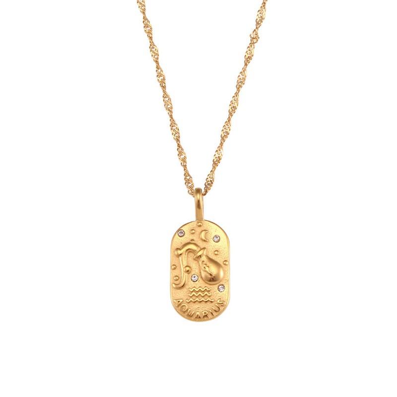 Stainless Steel Zodiac Pendant Necklace Women Minimalist Fashion Jewelry Daily Wear Oval Charm With Zircon Stone