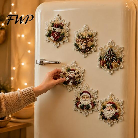 Holiday Party Favors 6Pcs/Set Fridge Magnets Faux Pearl Art Kit, Christmas Snowman Tree Santa Sparkling Rhinestone Ornaments Magnets, DIY Mosaic