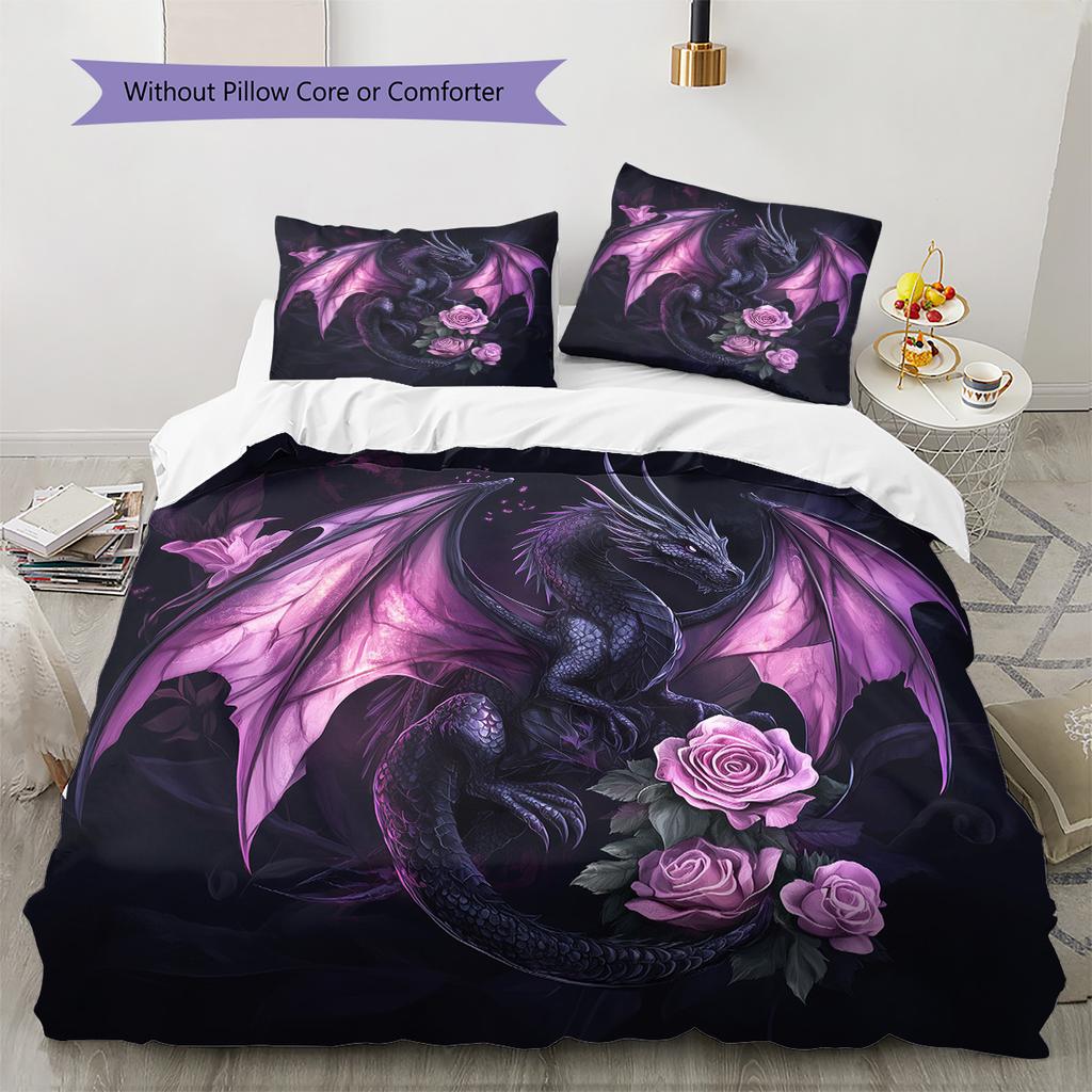 Purple dragon Pattern Bedding Quilt Set Quilt Cover Pillowcase Home Decoration Gift (1 * duvet cover + 2 * pillowcase, without core)