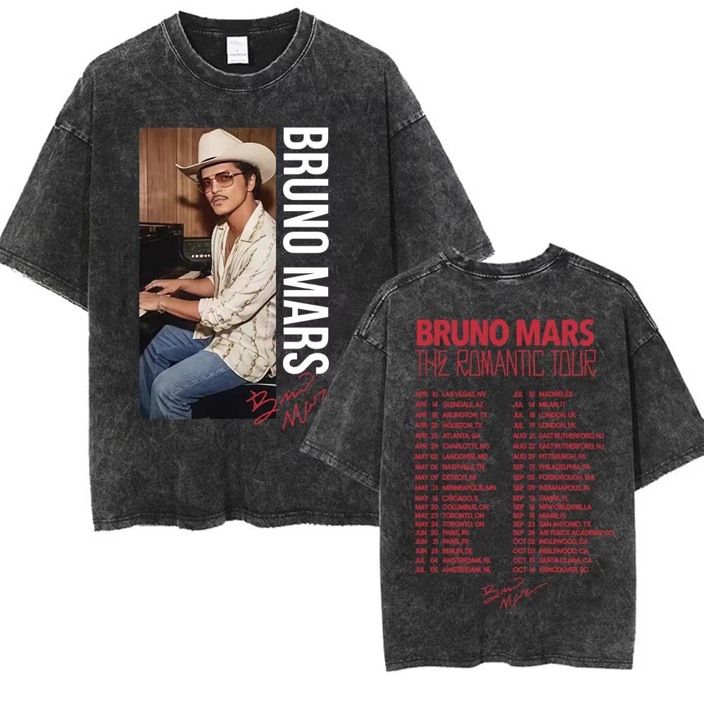 Bruno Mars The Romantic Tour 2026 Vintage Washed T Shirt Men Women Fashion Hip Hop Pop Music T-shirt Summer Casual Cotton Tshirt