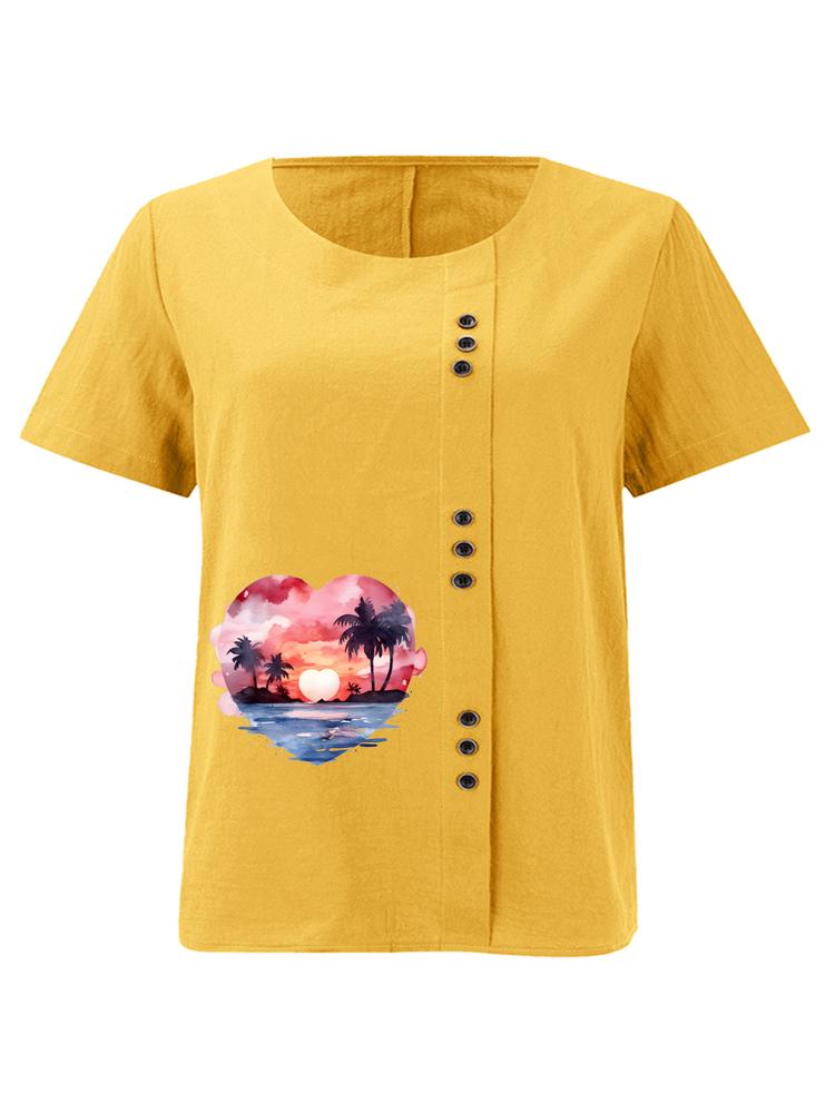 Women's Fashion Heart-shaped Scenery Printing Shot Sleeve T-shirt Loose Cotton Shirt Casual Loose Summer Blouse Tops Plus Size