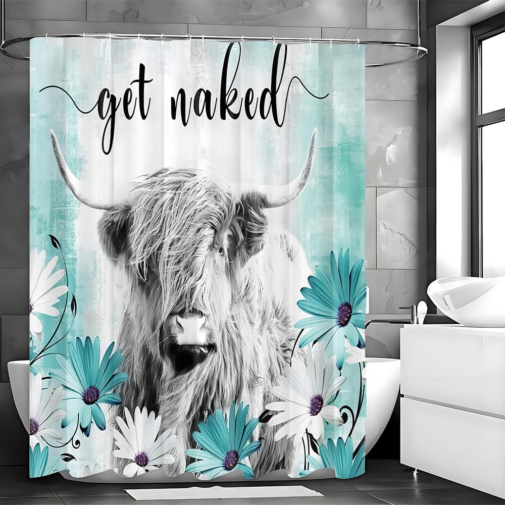 Blue Floral Highland Cow Shower Curtain, Bathroom Decorative Shower Curtain, Waterproof Shower Curtain with Hooks