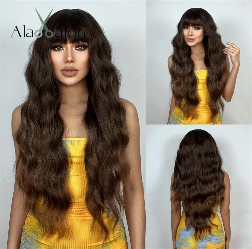 ALAN EATON Блондинка Длинные свободные волнистые синтетические парики с челкой для женщин Ombre Темные корни Натуральный парик Блондинка Повседневный парик из волос