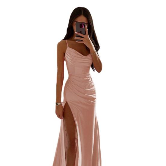 Женское вечернее платье с разрезом по бокам, плиссированное, с открытой спиной, облегающее платье макси на тонких бретельках, с глубоким вырезом, без рукавов, платье-комбинация А-силуэта для вечеринки