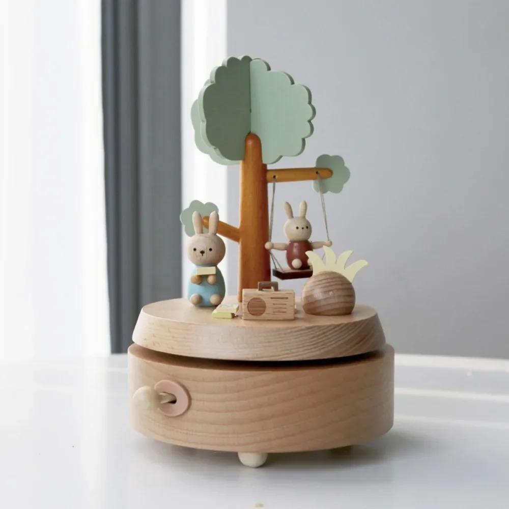 Creative Home Ornament Gift Children's Birthday Gift Carousel Swing Rabbit Wooden Music Box Music Box Home Decor