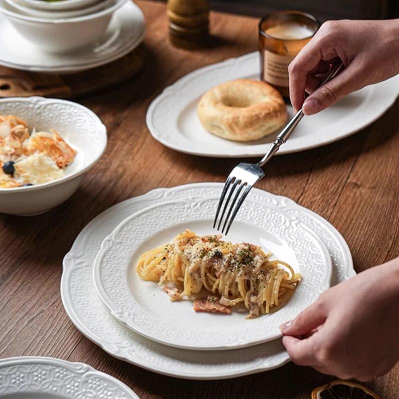 Рельефная керамическая тарелка во французском стиле, легкая, для ресторана класса люкс, классические белые тарелки для стейков, изысканная круглая домашняя посуда