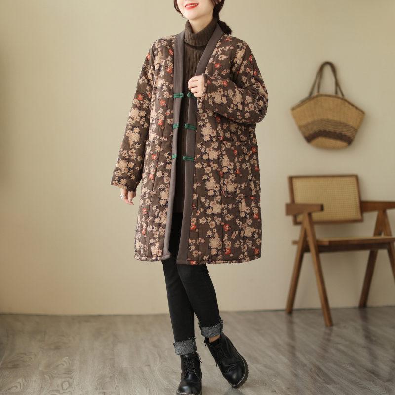 Ethnic Retro Plate Button Floral Cotton Coat For Women Autumn Winter Loose Large Size Medium Length Padded Jacket Tunic T1464
