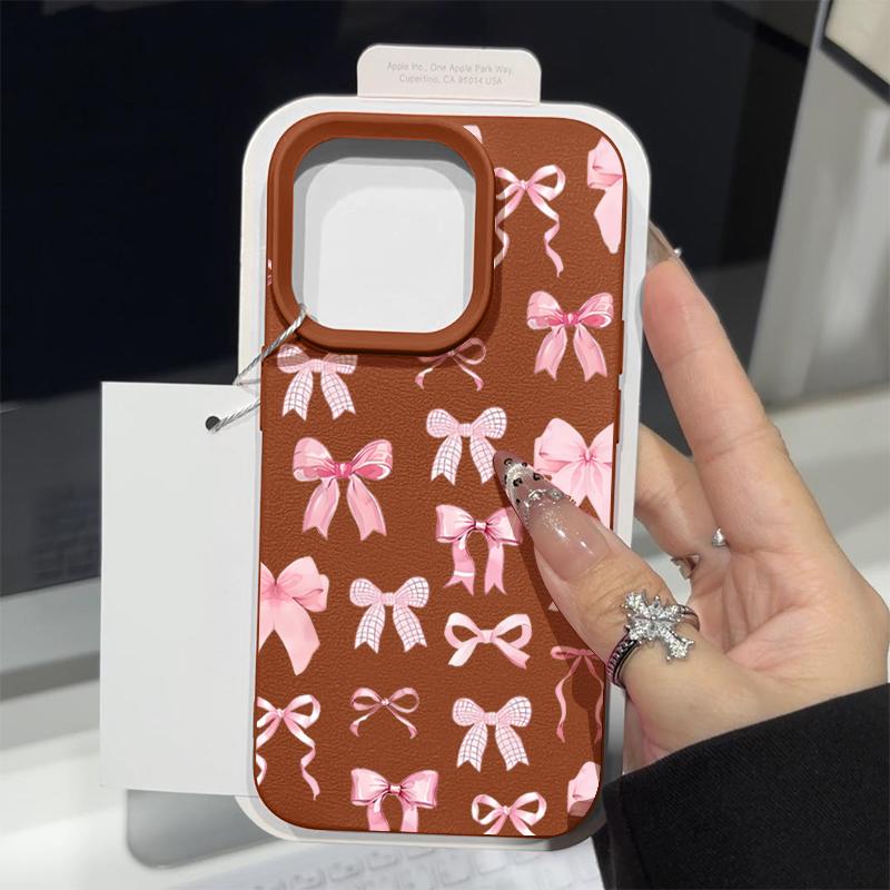 Мягкий чехол из ТПУ с текстурой из кожи для iPhone 16 Pro Max 15 Pro 14 13 12 11 с розовым бантом и узором, противоударный матовый чехол-бампер
