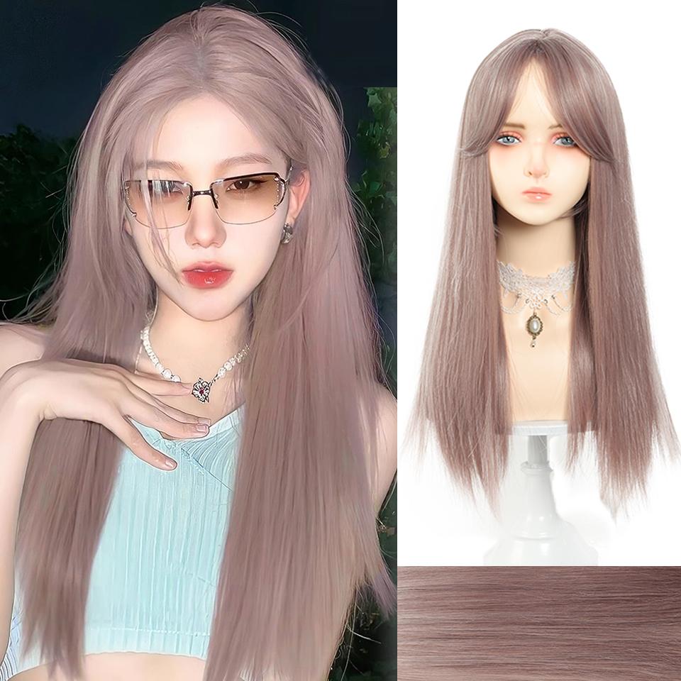 WTB Gray-purple Long Straight Synthetic Wig Girl Bangs Natural Gentle Role-playing Gray-purple Long Straight Wig