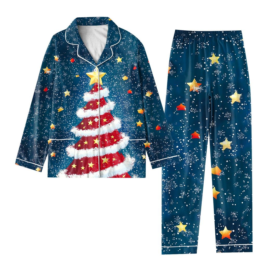 Детский рождественский костюм из 2 предметов с принтом, топ с длинными рукавами и застежкой на пуговицы, широкие брюки, комплект пижамы, домашний повседневный костюм
