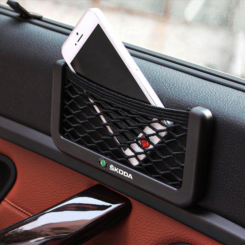 Car Organizer Storage Bag Auto Paste Net Pocket Phone Holder Car Accessories For Skoda Octavia Superb Rapid Kodiaq Karoq Fabia Kamiq Roomster Citigo