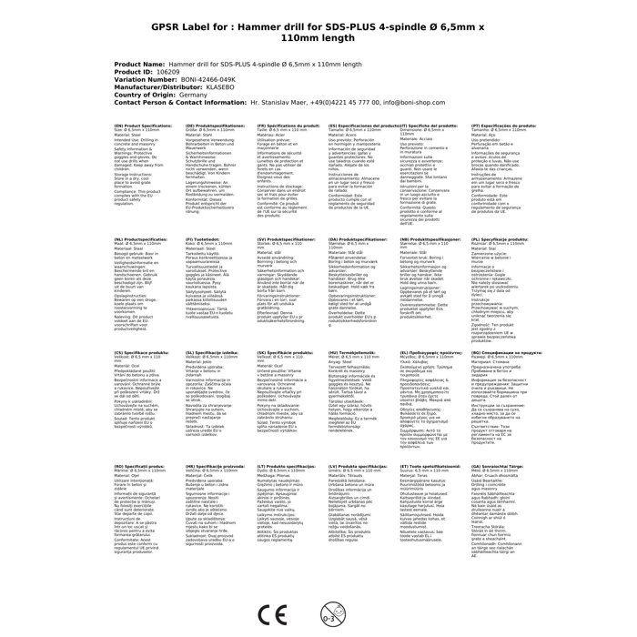 Foret à percussion pour SDS-PLUS 4 tranchants Ø 6,5mm x 110mm longueur