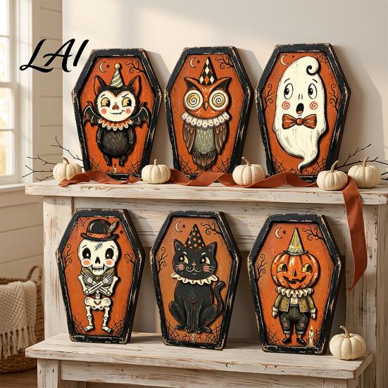 Indoor Outdoor Festive Accents Vintage Halloween Wooden Decor Coffin-Shaped Tabletop Ornaments Freestanding & Hanging Decorations for Home Ornament
