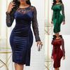 Lady Petticoats Plus Size Sexy Women See Through Long Sleeve Lace Patchwork Ruched Bodycon Party Dress