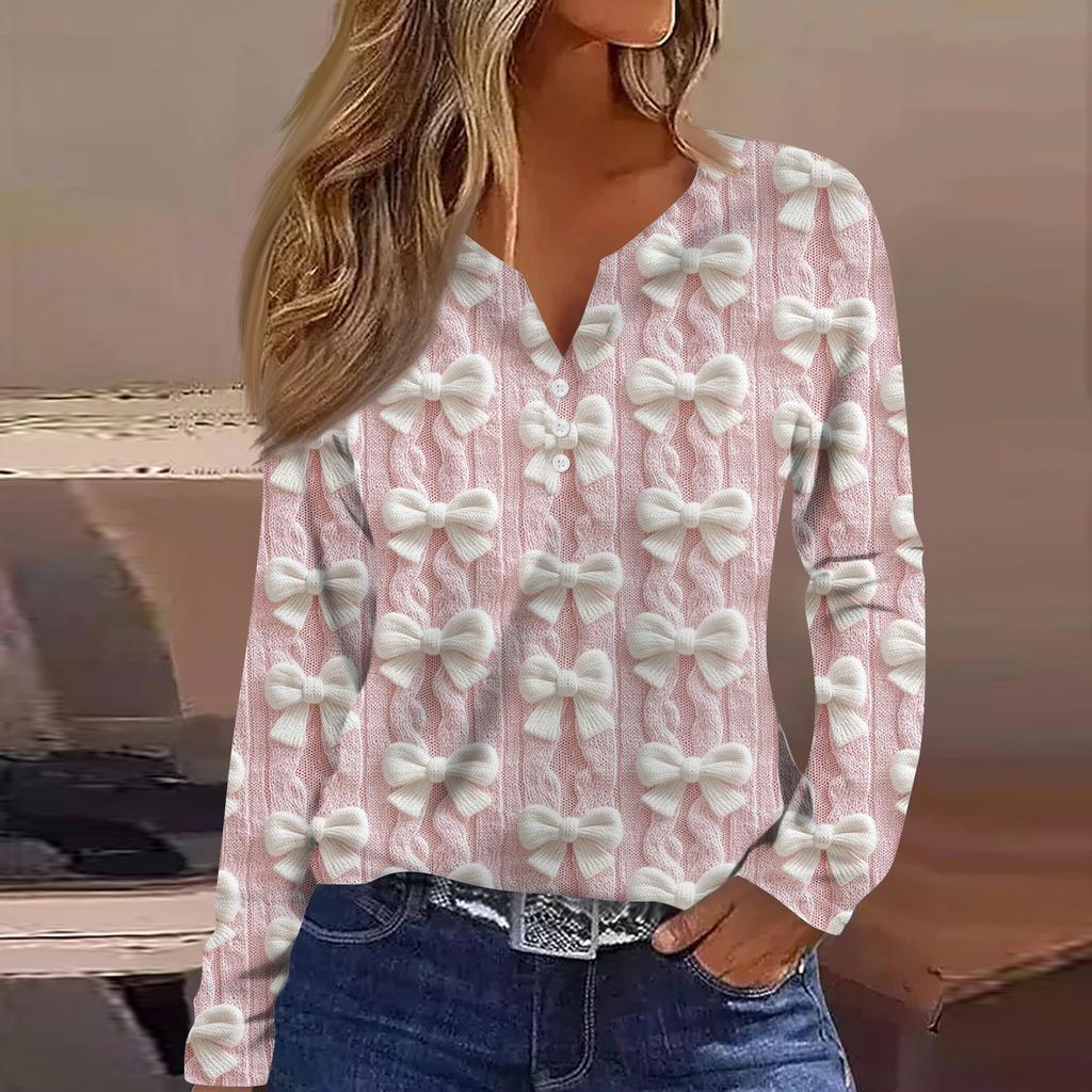 Женская модная повседневная футболка с V-образным вырезом, на пуговицах, с длинным рукавом, с рождественским принтом