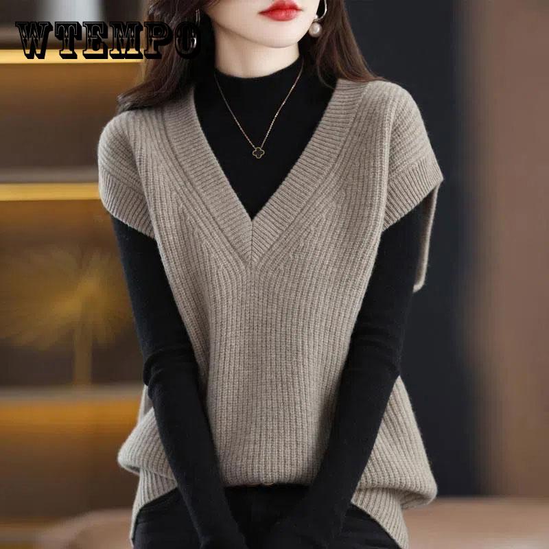 Knit Vest Women's V-neck Solid Color Top Loose Casual Pullover Pull Jumper Sleeveless Ted Bat Shirt All-match Harajuku Commuting Spring Autumn