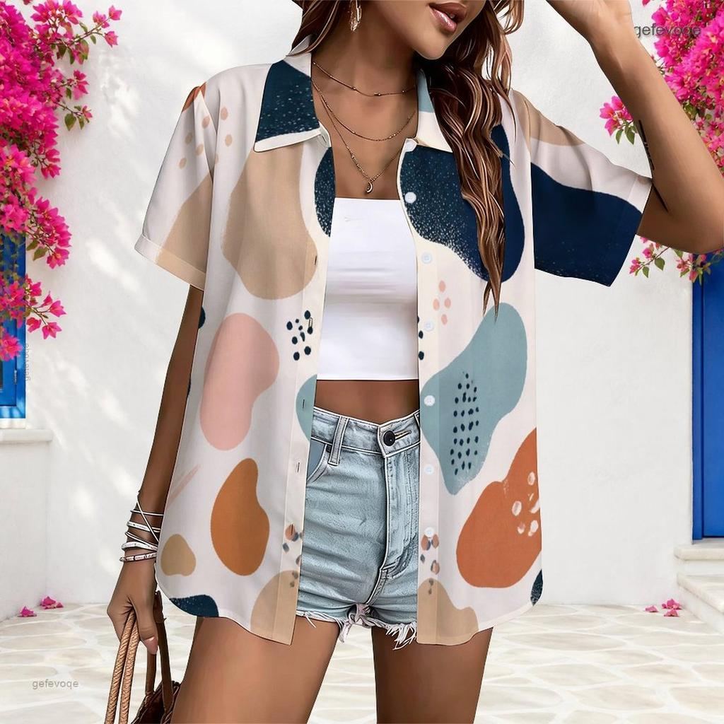 Women Plus Size Short Sleeve Button Up Shirt Abstract Geometric Print Lapel Casual Loose Blouse For Daily Office Wear