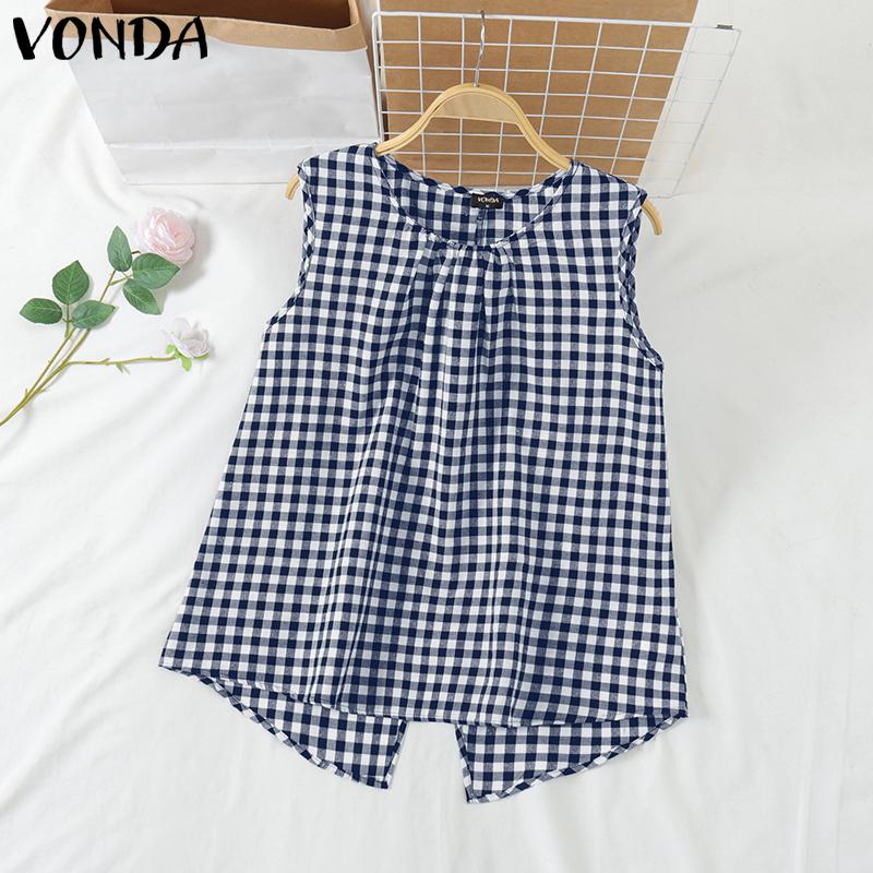 VONDA Летние женские безрукавки с клетчатым принтом нестандартные майки футболки