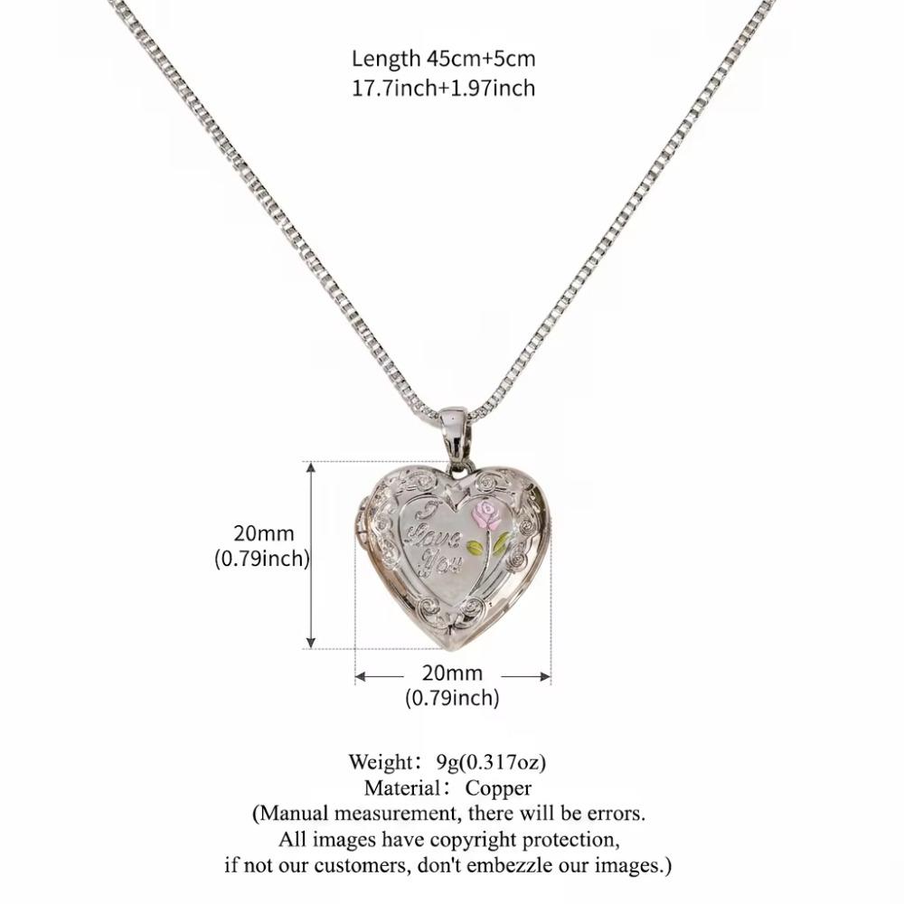Heart Shaped Photo Locket Necklace Elliptical Pattern Rose Pendant Memory Jewelry Gift