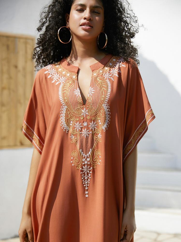 EDOLYNSA Embroidered Women's Kaftan Robe Caftan Fashion Holiday Dress Loose Cozy Bathing Suit Cover Up Lounge Wear House Dress Wrap Q1653