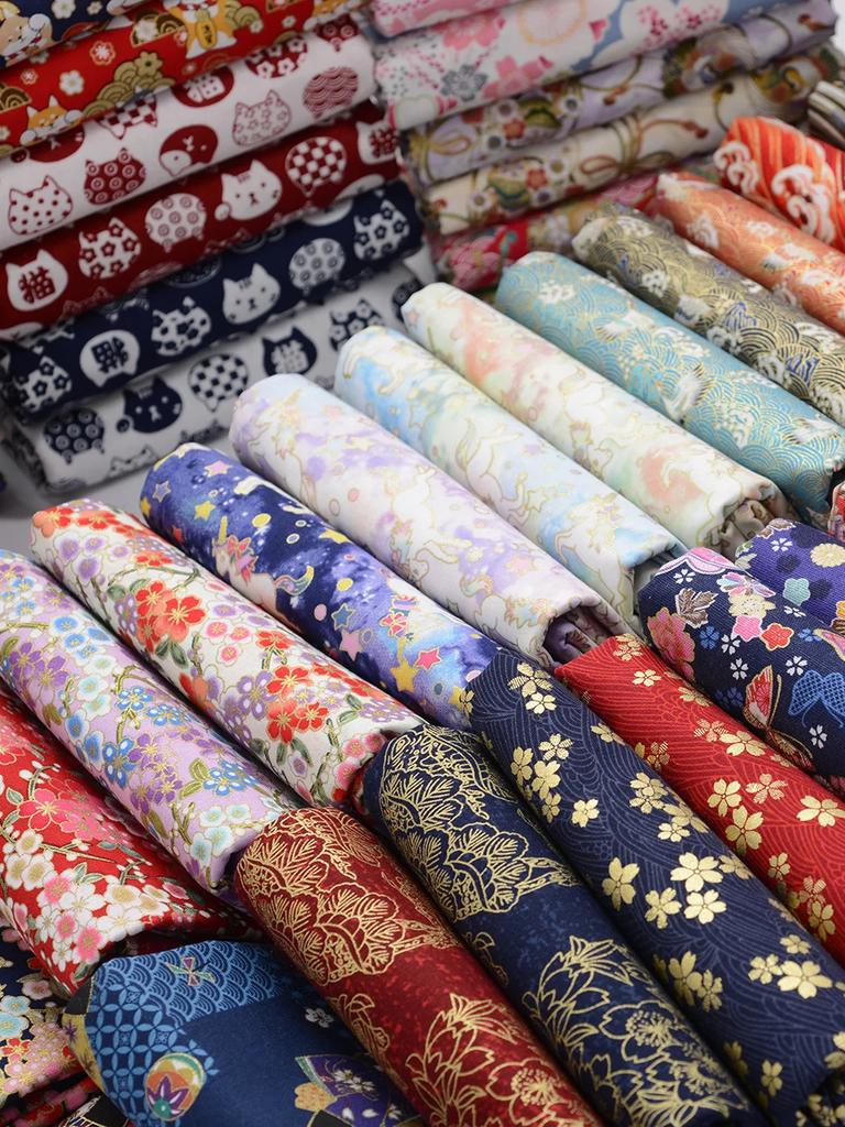 Ткань в японском стиле, чистый хлопок, с принтом, на метр, для одежды, ханьфу, скатерти, сумки, ручной работы, DIY, швейная ткань, бронзирование, синий