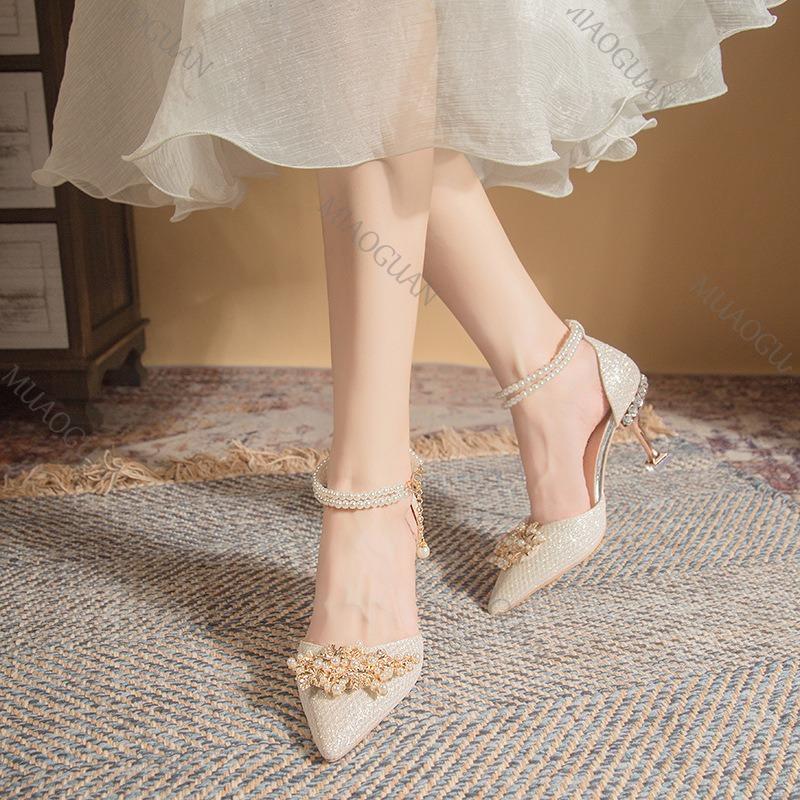 Модная обувь Женские туфли на высоком каблуке Женская свадебная обувь Обувь для невесты Женские туфли-лодочки Сандалии Жемчужная пряжка на щиколотке Элегантное платье Женская обувь на каблуке