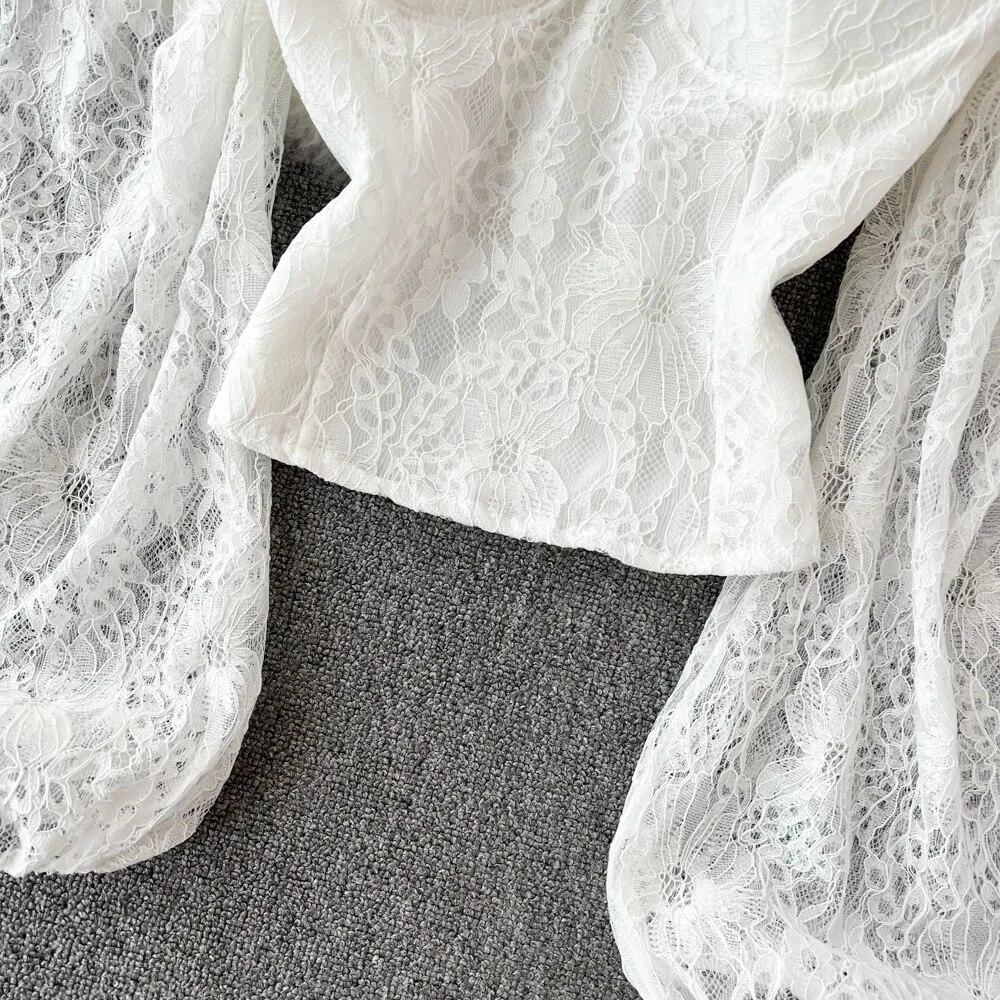 Французская шикарная блузка с бриллиантами, женская корейская мода, квадратный воротник, пышные рукава, блузки в стиле пэчворк, кружевной топ с высокой талией, дропшиппинг