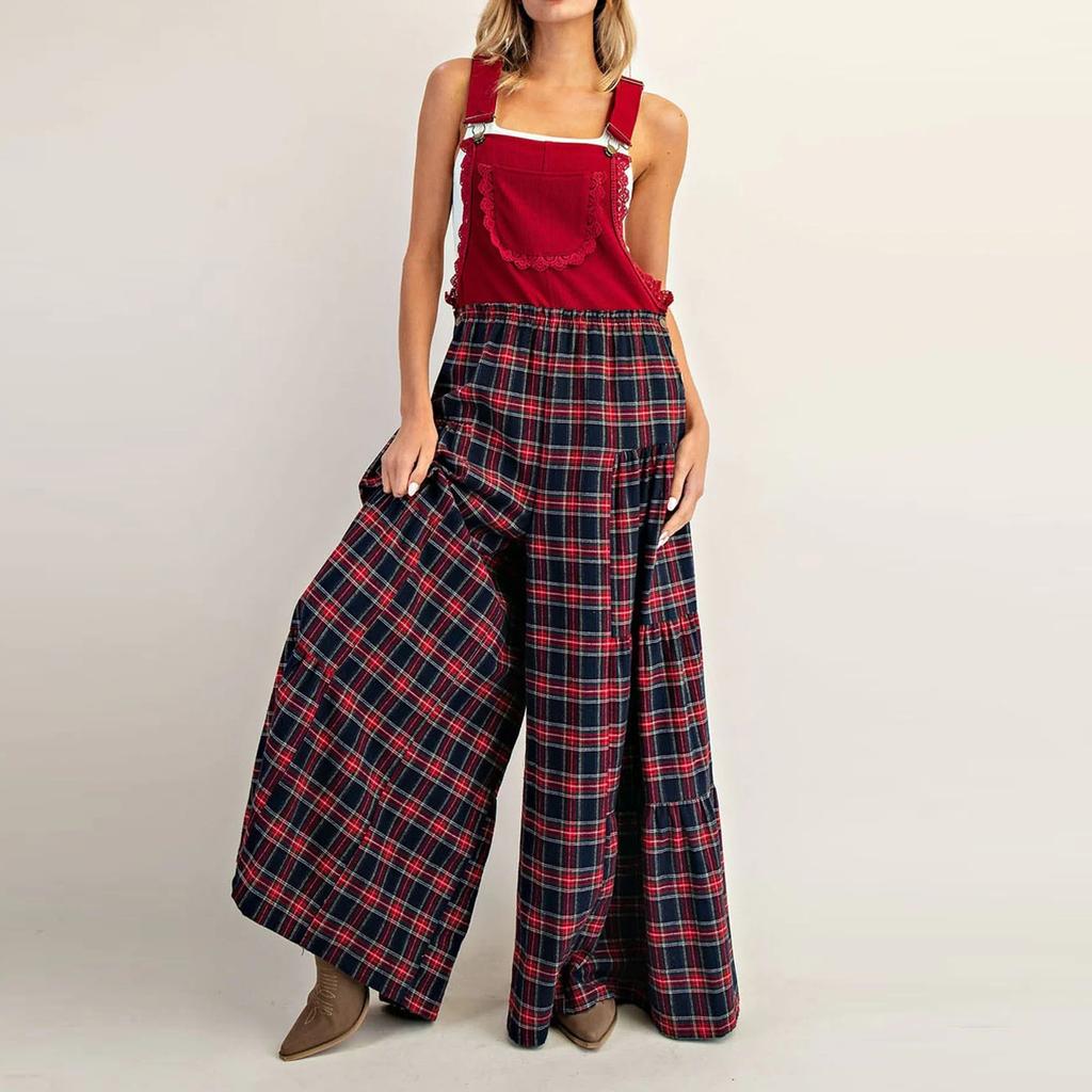 Women's Fashion Ruffled Pocket British Vintage Check Wide-Leg Colour-Blocking Suspender Jumpsuit