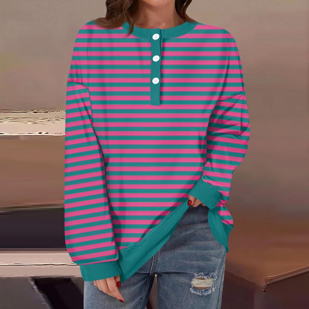 Женская повседневная мода удобная полосатая футболка с длинным рукавом и круглым вырезом на пуговицах, свободный подол с боковыми разрезами
