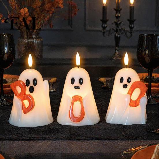Halloween Ghost Decoration Flameless Candle, Cute Holding BOO Letter Tealight, Funny Figurine Lights Battery Operated LED Flickering Light for