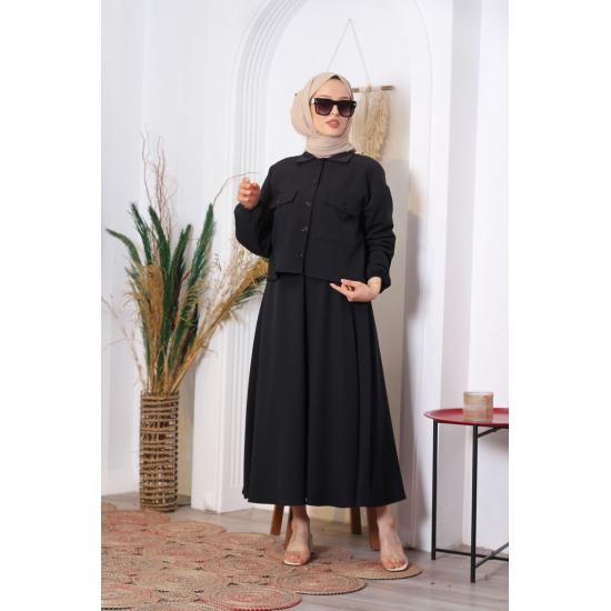 Женский хиджаб с карманом на пуговицах и эластичной расклешенной юбкой с манжетами