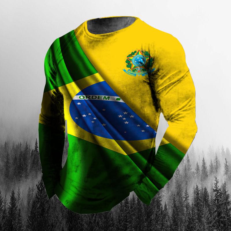 Винтажная осенняя мужская футболка с 3D принтом бразильского флага и круглым вырезом, повседневная футболка большого размера с длинными рукавами, модный пуловер, мужская одежда