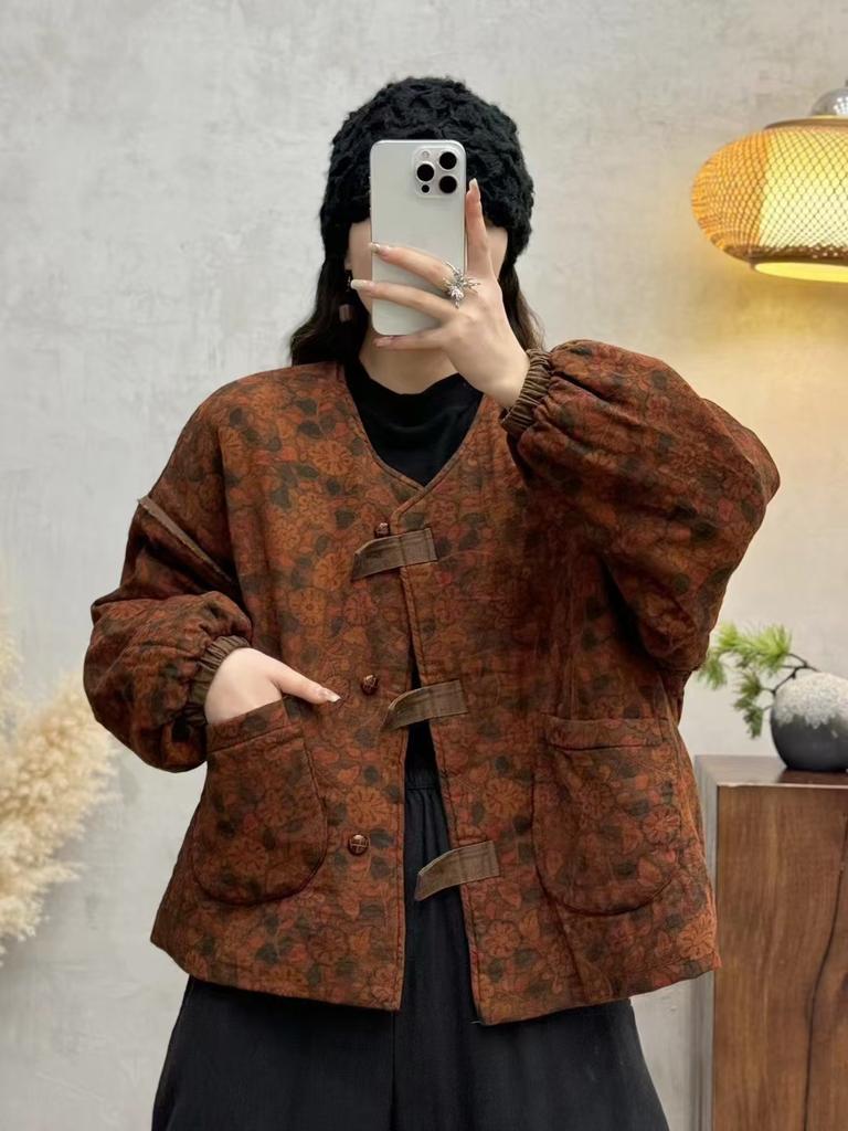 Johnature V-Neck Print Vintage Niche Single Breasted Woman Winter Loose Long Sleeves Coats