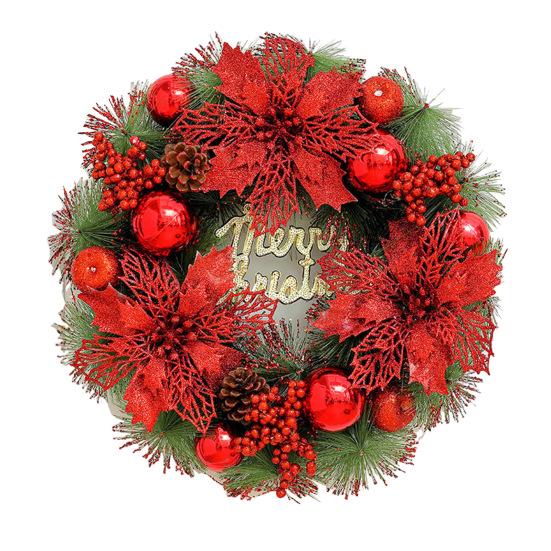 Christmas Wreath for Front Door Artificial Pine Needle Wreath with Balls Bows Flowers Merry Christmas Hanging Decor for Home Wall Window Porch Decor
