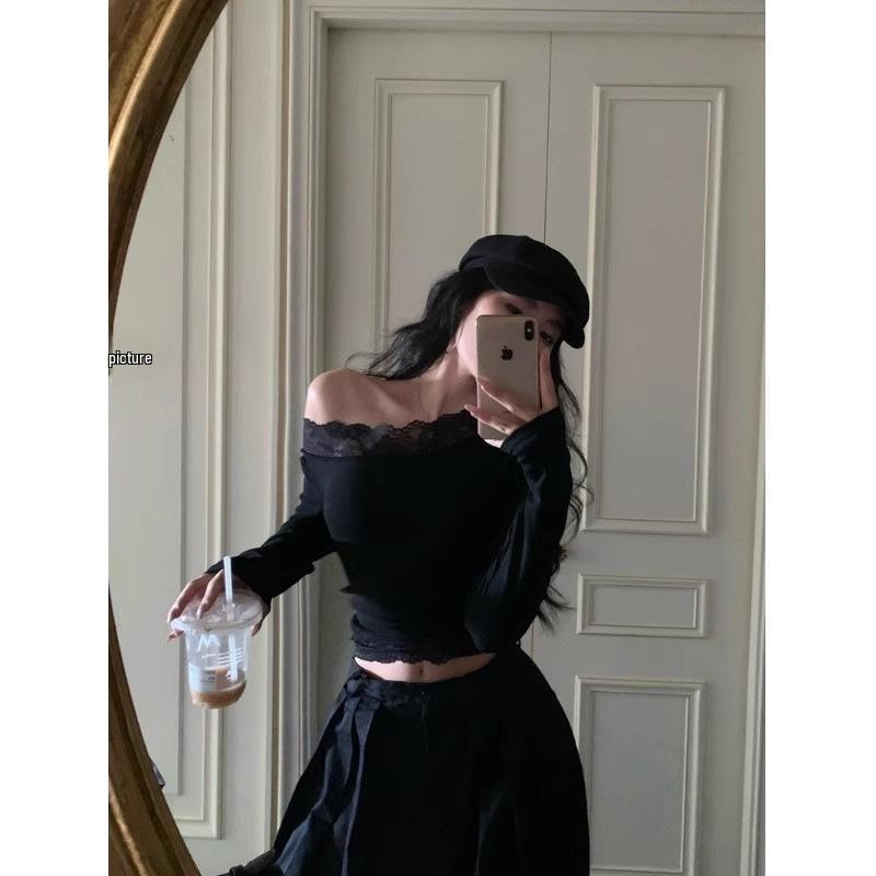 2024 Кружевной топ на одно плечо с длинными рукавами, облегающий крой