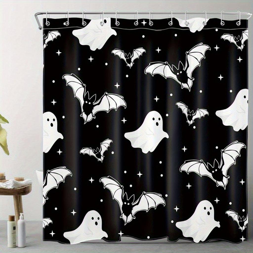 HVHVEST Halloween Bathroom Shower Curtain, Black and White Bat Horror Pattern with Hooks Decoration Set, 72x72inch