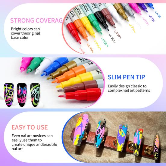 12/24 Colors Nail Art Pen Set Quick Dry Graffiti Nail Art Markers Fine Tip Waterproof Polish Pens Drawing Painting Liner Brush for DIY Nail Art Tool