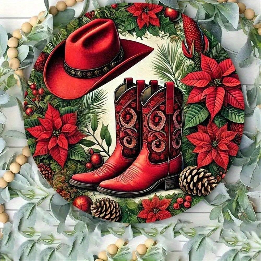 DORA Tin Sign Vintage Red Cowboy Boots Christmas Wreath Tin Metal Wall Art Inch Round Retro Bar Decor
