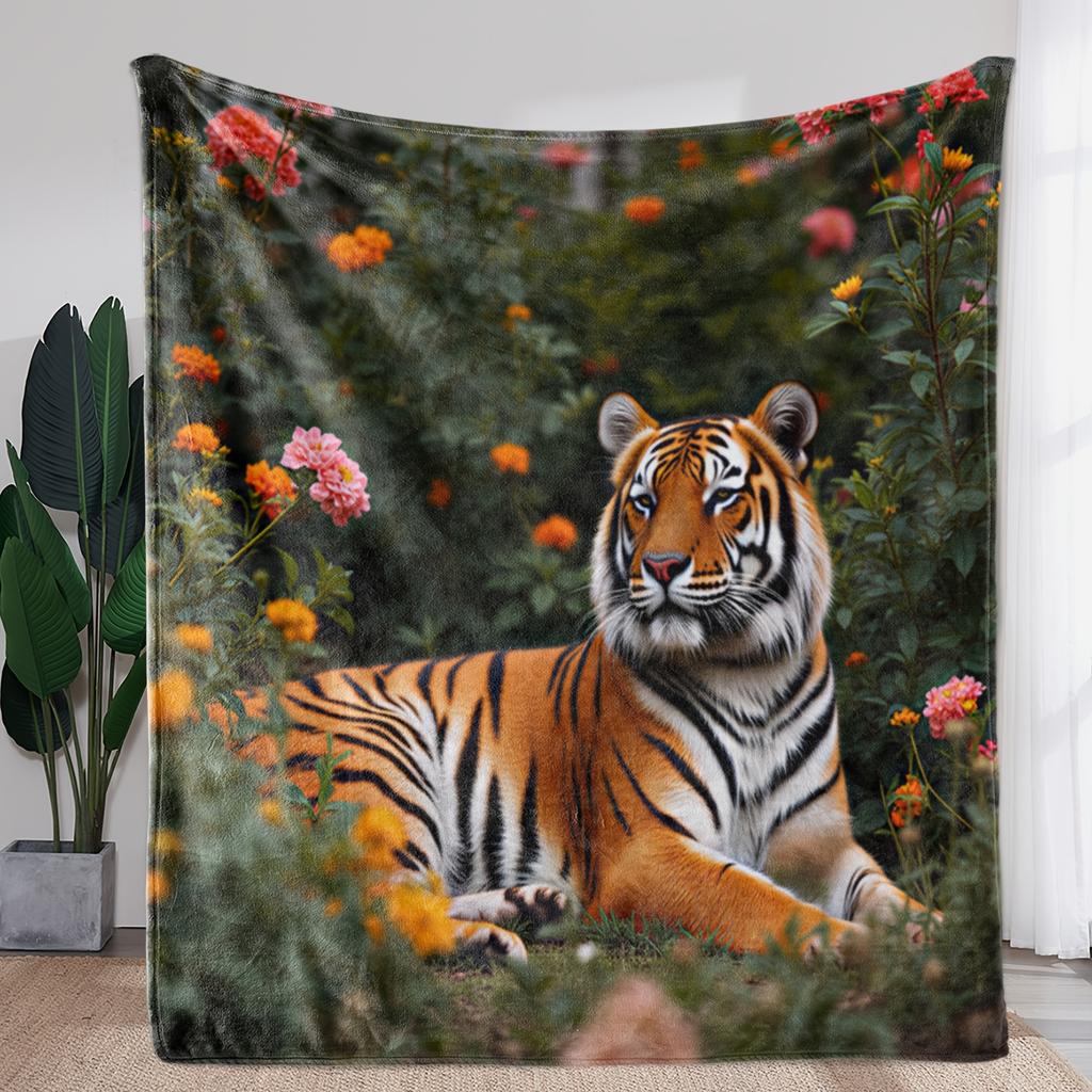 1pc Luxury Flannel Blanket - Ultra-Soft Warm Throw with Orange Floral tiger pattern, All-Season Couch Bed Travel Camping Office