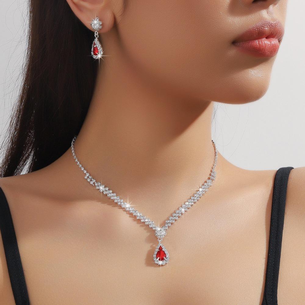 Round Droplet Bridal Jewelry Set Zinc Zinc Alloy Wedding Rhinestone Set Necklace Earnail Set Banquet