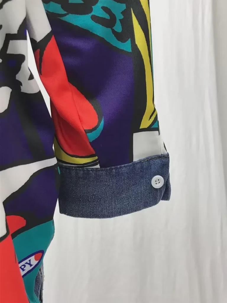 2025 Женская джинсовая ветровка с абстрактным узором - Креативное сращивание, свободная стираная куртка