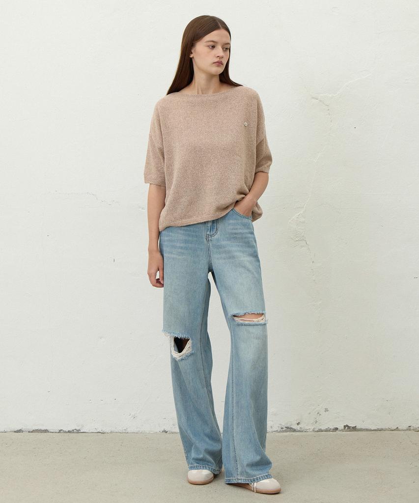LE STUDIO Boat Neck Loose Fit Short Sleeve Knit_Beige
