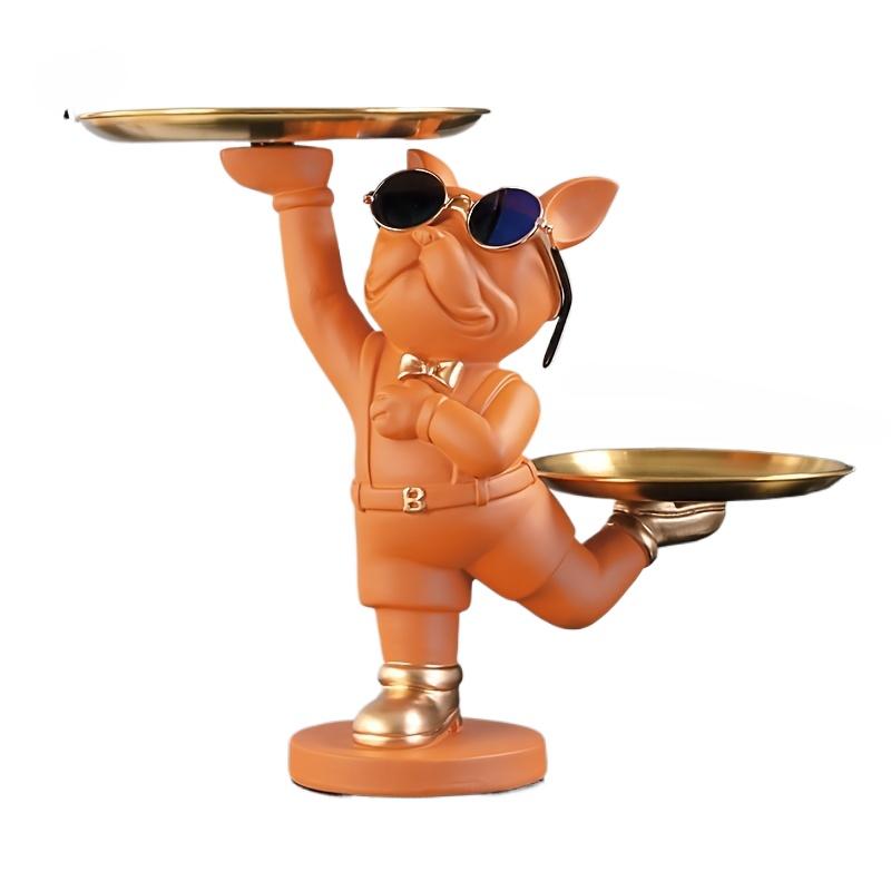 Статуя собаки из смолы, декор для комнаты, скульптура дворецкого с 2 лотками для хранения, фигурка французского бульдога, украшение для дома, украшения для стола