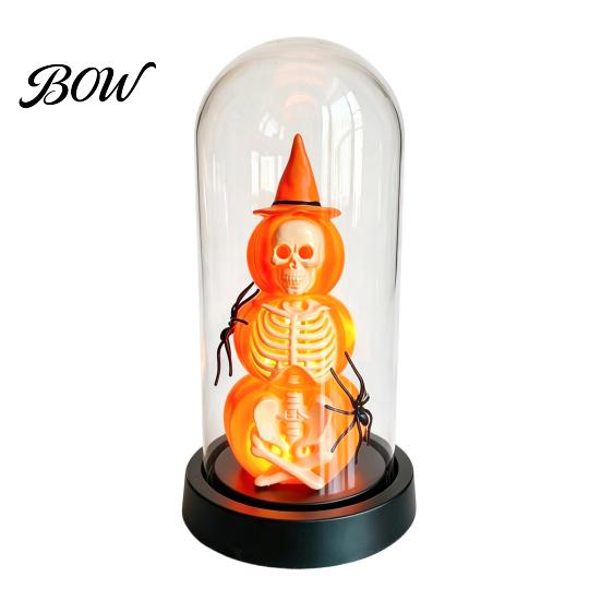 Halloween Souvenir Decor Pumpkin Skeleton Cloche Lamp, Lighted Stacking Skull in Clear Atmosphere Night Light Dome with Witch Hat for Tabletop Mantel,