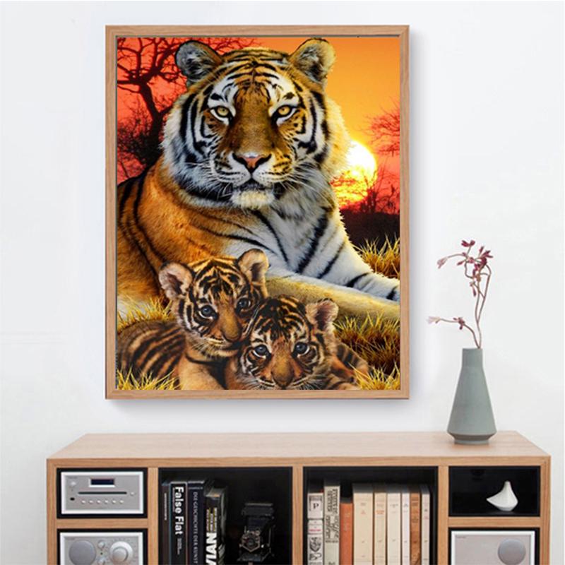 Diy Family Tiger Rhinestone 5d Painting Animals Full Drill Cross Stitch Crafts Stitch Home Wall Decor
