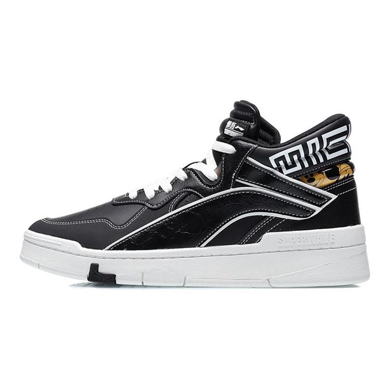 Disney x Li Ning Wave Superwave Нескользящие Износостойкие Средневысокие Скейтбордические Кроссовки Мужские Черно-белые AGCQ179-3
