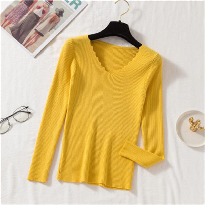 Осенне-зимний кружевной облегающий свитер с V-образным вырезом, женский вязаный универсальный пуловер с длинными рукавами, топ